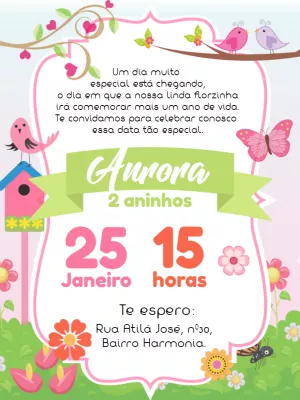 Convite Aniversário Jardim Encantado com Passarinhos para Editar