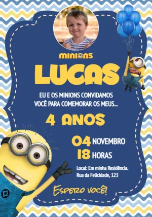 Convite Aniversário Minions com Foto para Editar Online
