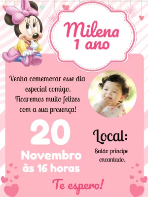 Convite de Aniversário Minnie Baby com Foto para Editar Online
