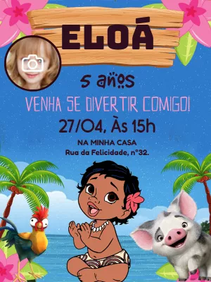 Convite Aniversário Moana Baby com Foto para Editar Online