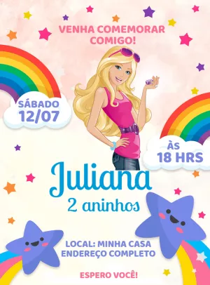 Convite de Aniversário Barbie com Arco-íris para Editar