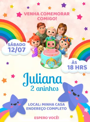 Convite de Aniversário Cocomelon com Personagens para Editar