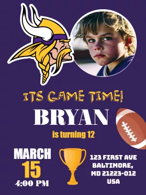 Vikings Football Birthday Invitation with Photo to Edit Online