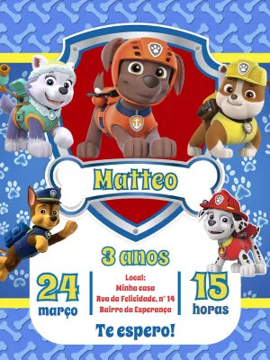 Convite de Aniversário Patrulha Canina para Editar Online