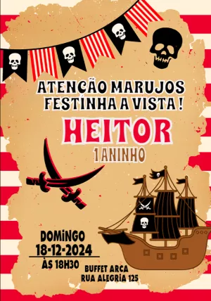 Convite de Aniversário Pirata com Navio e Tesouro para Editar