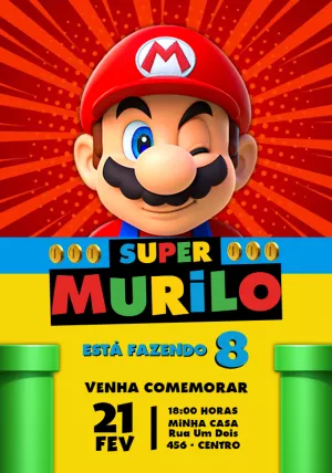 Convite de Aniversário Super Mario para Editar e Imprimir