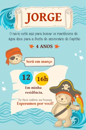 Convite de Aniversário Ursinho Pirata para Editar Online