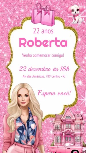 Convite Aniversário Boneca Rosa com Glitter para Editar Online