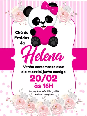 Convite Chá de Fraldas Ursinha Panda Rosa para Editar Online