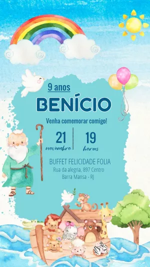Convite Aniversário Arca de Noé com Animais para Editar