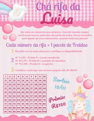 Convite Chá Rifa Unicórnio Fofo para Editar e Personalizar