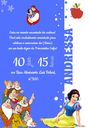 Convite Aniversário Branca de Neve com Personagens para Editar
