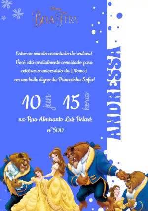 Convite de Aniversário A Bela e a Fera para Editar Online