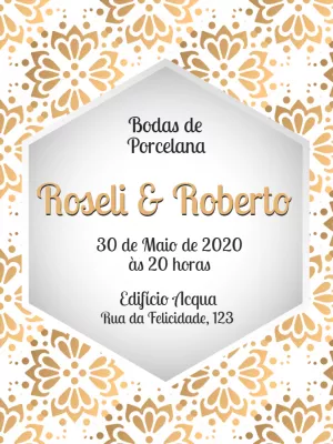 Convite Bodas de Porcelana Dourado para Editar Online