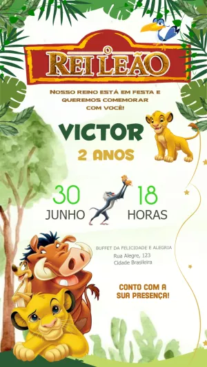 Convite de Aniversário Rei Leão com Personagens para Editar