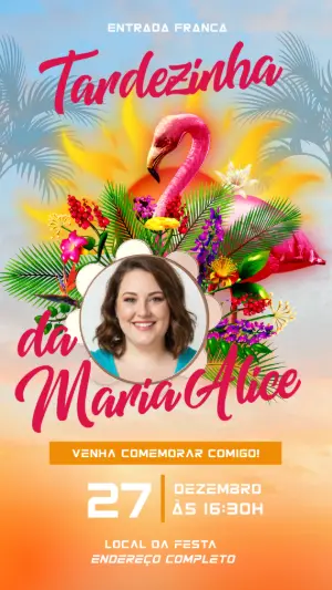 Convite Aniversário Tardezinha Tropical com Foto para Editar