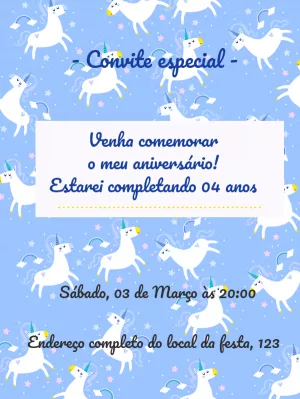 Convite de Aniversário Unicórnio para Editar Online