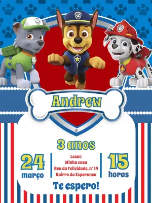 Convite de Aniversário Patrulha Canina com Chase e Amigos para Editar