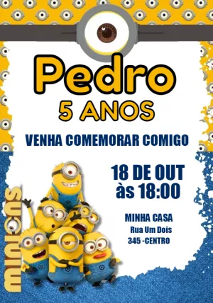 Convite de Aniversário Minions para Editar Online e Imprimir