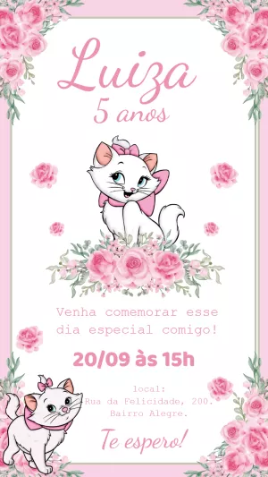 Convite de Aniversário Gatinha Marie Floral Rosa para Editar
