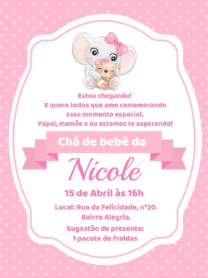 Convite Chá de Bebê Elefantinha Rosa para Editar Online