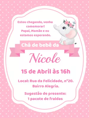 Convite Chá de Bebê Elefantinha Rosa para Editar Online