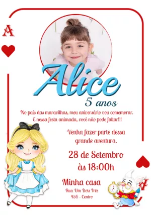 Convite Aniversário Alice no País das Maravilhas com Foto para Editar