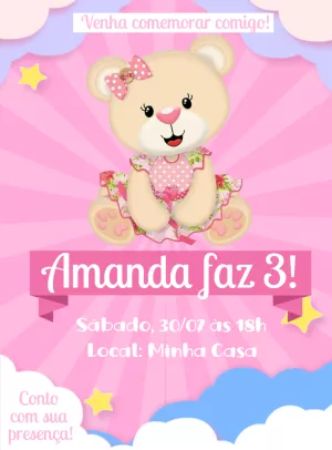 Convite de Aniversário Ursinha Rosa para Editar Online