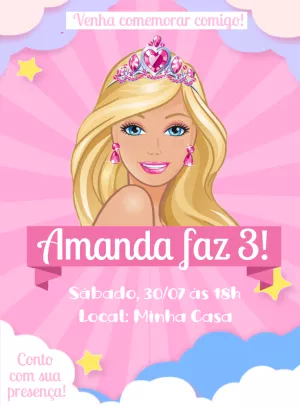 Convite de Aniversário Barbie Princesa para Editar Online