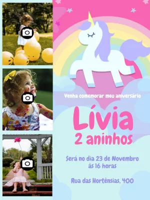 Convite de Aniversário Unicórnio com Foto para Editar Online