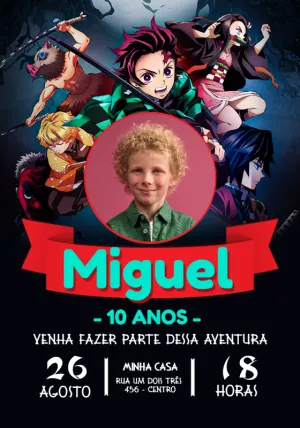 Convite Aniversário Demon Slayer com Foto para Editar Online