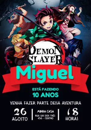 Convite de Aniversário Demon Slayer com Personagens para Editar