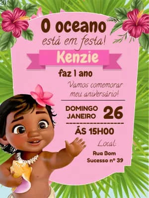 Convite de Aniversário Moana Baby para Editar Online e Imprimir