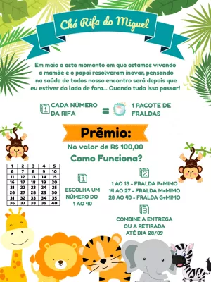 Convite Chá Rifa Safari com Animais para Editar Online