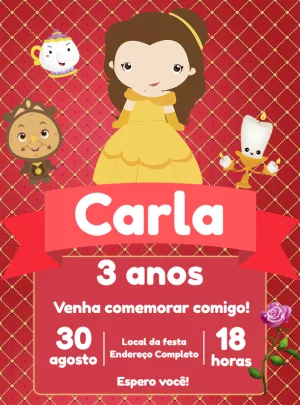 Convite Aniversário A Bela e a Fera Cute para Editar Online
