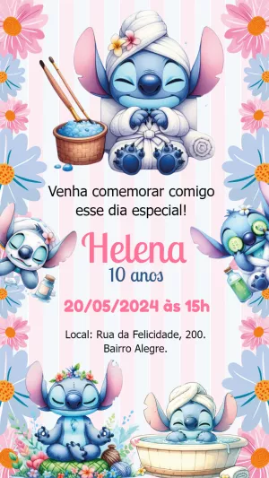 Convite Aniversário Stitch Spa para Editar Online