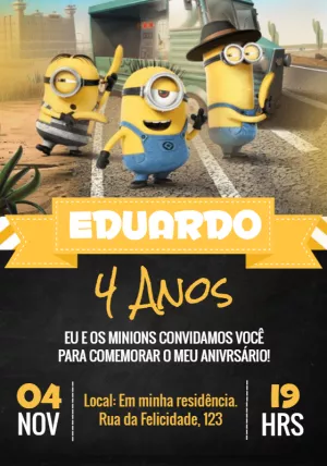 Convite de Aniversário Minions para Editar Online