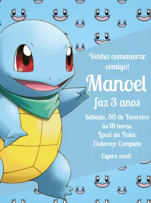 Convite de Aniversário Squirtle Pokémon para Editar Online