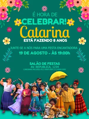 Convite de Aniversário Encanto com Personagens para Editar