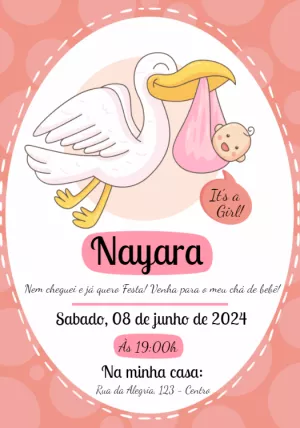 Convite Chá de Bebê Cegonha Menina para Editar Online