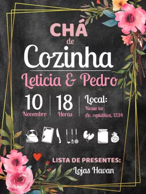 Convite Chá de Cozinha Floral Lousa para Editar Online