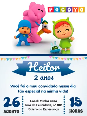 Convite de Aniversário Pocoyo com Turma para Editar Online