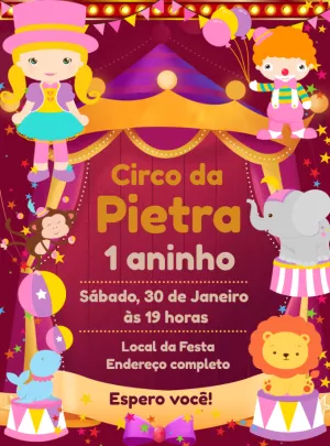 Convite Aniversário Circo Rosa com Animais para Editar Online