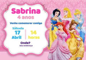 Convite de Aniversário Princesas da Disney Editável Online