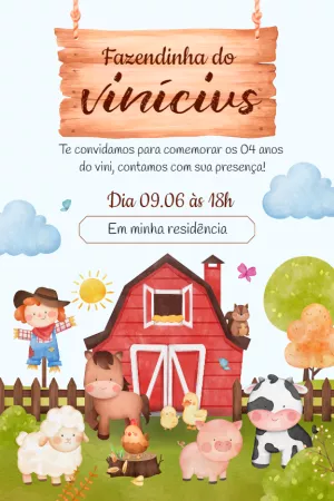 Convite Aniversário Fazendinha Aquarela para Editar Online