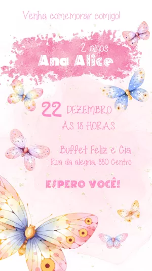 Convite de Aniversário Borboletas Aquarela para Editar