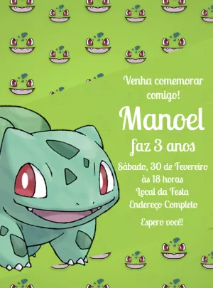 Convite Aniversário Bulbassauro Pokémon para Editar Online