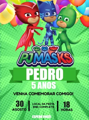 Convite de Aniversário PJ Masks com Personagens para Editar Online