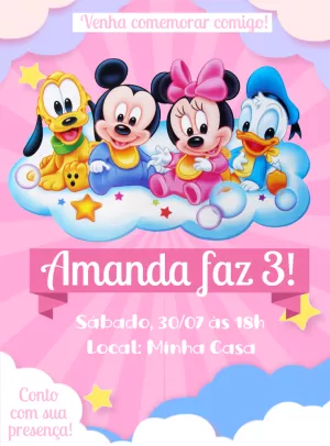 Convite de Aniversário Mickey Baby e Amigos para Editar