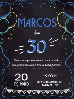 Convite de Aniversário Masculino Estilo Lousa para Editar
